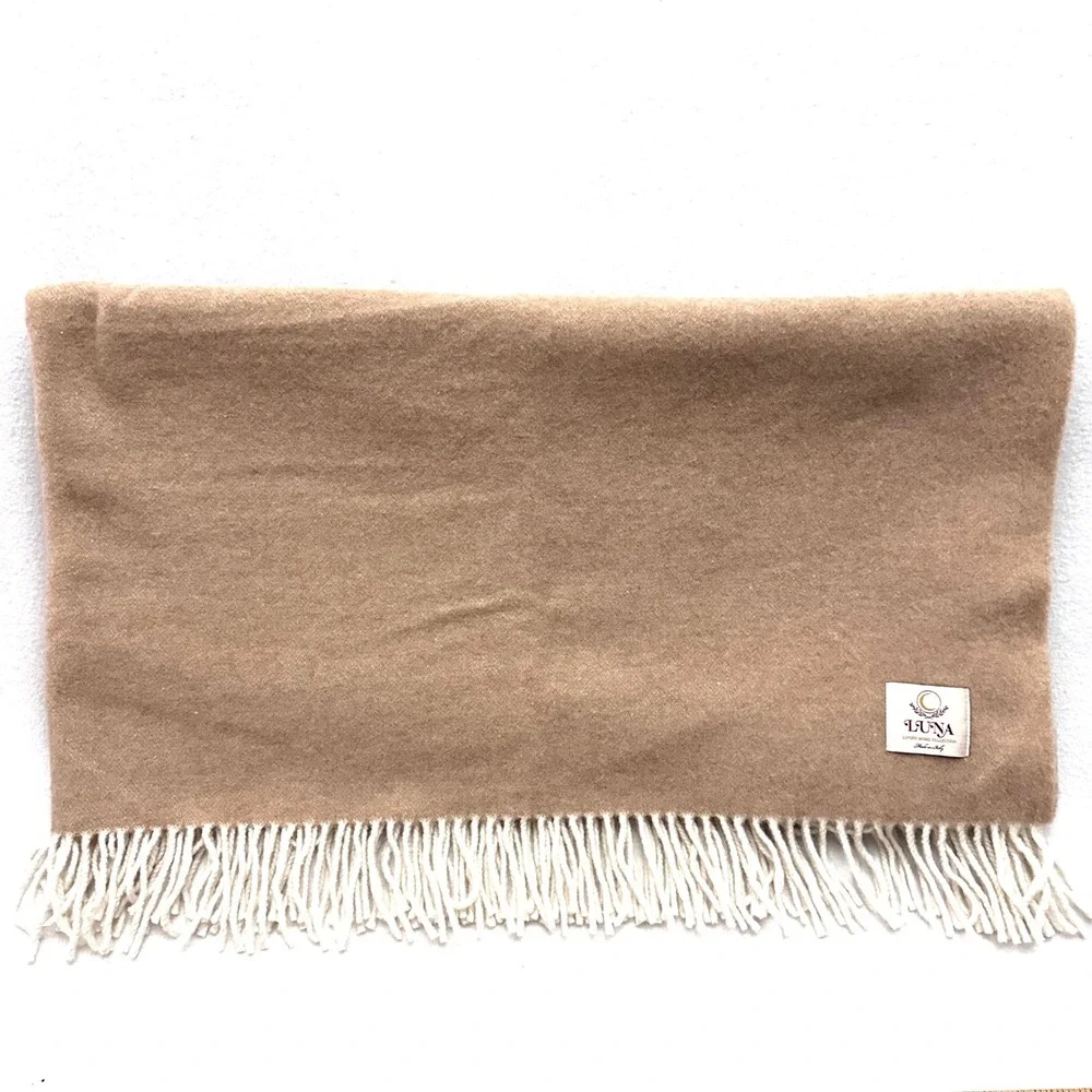 Luna Luxury Home Collection Wool Cashmere 54x56 Throw Blanket Italy Camel Cream